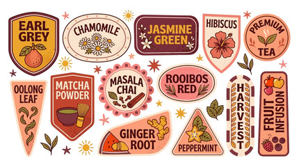 Obraz premium A vibrant collection of diverse tea and herbal infusion labels, showcasing various flavors, natural ingredients, and stylish packaging designs for hot and cold beverages