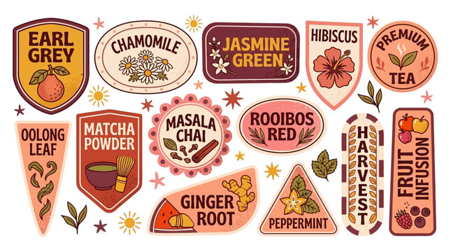 A vibrant collection of diverse tea and herbal infusion labels, showcasing various flavors, natural ingredients, and stylish packaging designs for hot and cold beverages