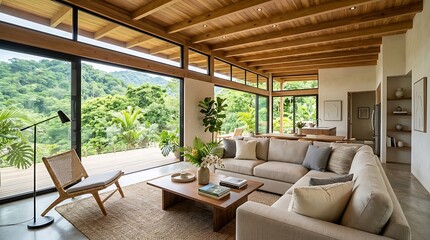 Fototapeta premium Living room interior features a large modular sofa and floor-to-ceiling glass doors that open to a lush tropical landscape.