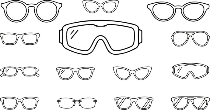 Eyewear and safety goggles line icon set featuring fashion sunglasses eyeglasses and protective sports eyewear vector illustration elements on pure white background 