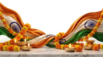 Indian Independence Day celebration background with national flags and marigold flowers.