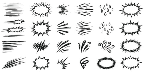 Set of hand drawn comic book effect elements with explosion bubbles speed lines and weather symbols for design © GraphixEra
