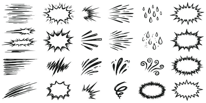 Set of hand drawn comic book effect elements with explosion bubbles speed lines and weather symbols for design