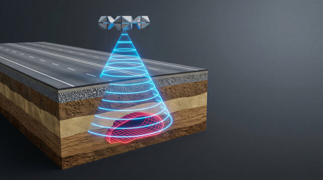 Scanning drone using ground penetrating radar to detect a void anomaly beneath an asphalt highway.