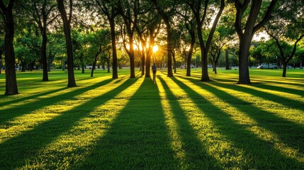 Obraz premium People walking in a park sunlight and shadows on the grass
