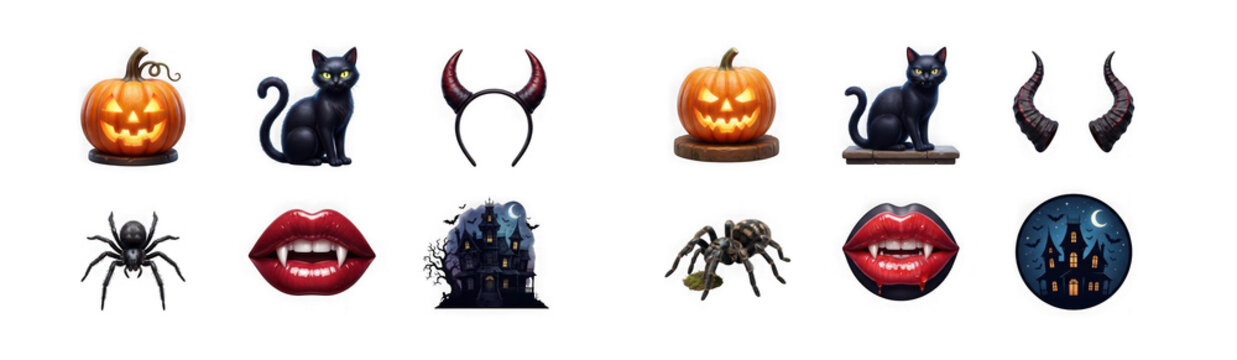 Set of halloween festive elements including pumpkins, black cats, devil horns, spiders, vampire lips, and haunted houses isolated on transparent background