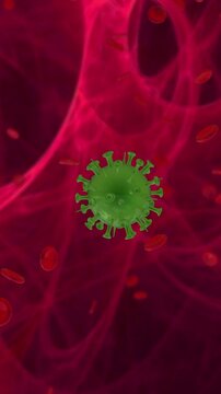 Zoonotic virus spillover concept shows green pathogen in red cellular tissue, suggesting animal-borne infection, pandemic emergence, viral mutation, biosecurity surveillance and lab diagnostics.