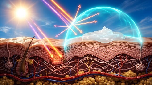 Illustration showing ultraviolet rays damaging human skin layers and causing collagen breakdown in a medical anatomy diagram