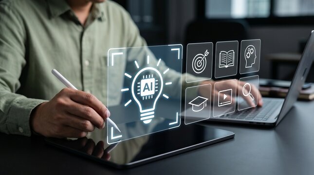 Smart Education Technology with AI Powered Learning. Interactive Learning Icons and Digital Knowledge Tools on Tablet for Personalized Study