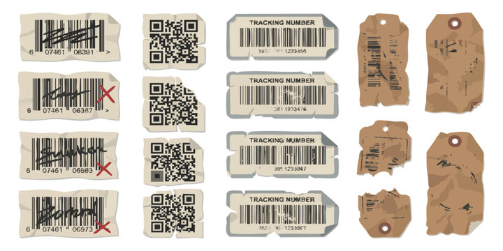 Set of shipping labels with bar codes QR codes and brown paper parcel tags for package delivery and logistics