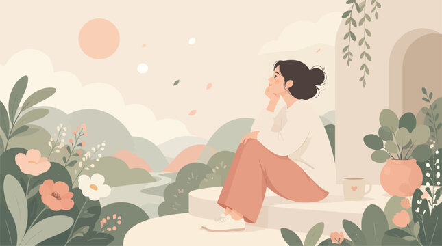 Young Woman Relaxing on Steps Overlooking Serene Landscape at Sunrise, Peaceful Lifestyle Illustration