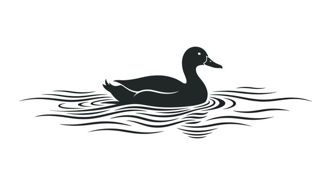Silhouette of a duck swimming on rippling water, isolated on white background.