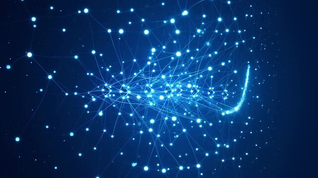 Dark blue and grey abstract motion background featuring glowing neural networks and digital brain structures. Perfect for artificial intelligence, data flow, and modern technology themes.