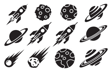 Cosmos exploration elements set with rockets planets asteroids and celestial orbits in black style. © OBAID