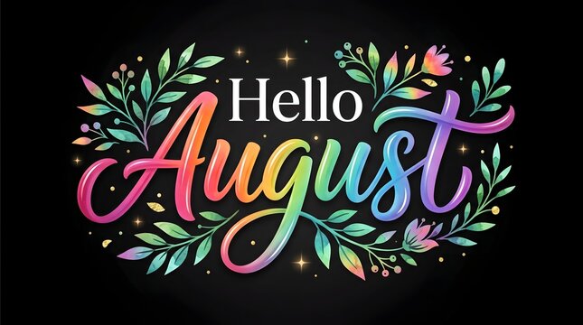 Hello August Rainbow Calligraphy Illustration on Black Background with Botanical Accents