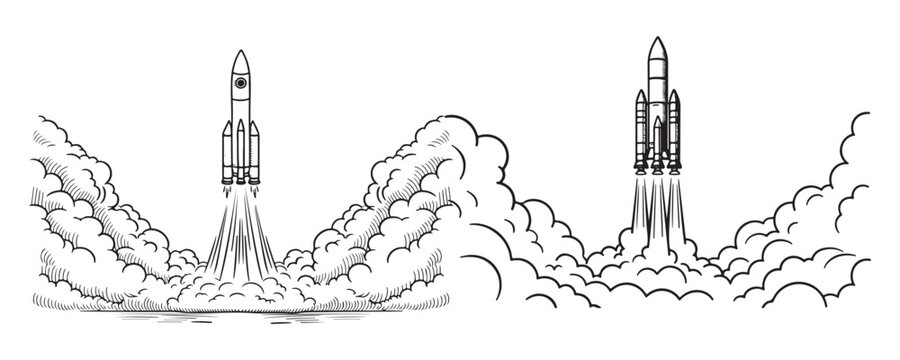 Space shuttle launch sketches with massive smoke clouds and fire exhaust in hand drawn engine style.