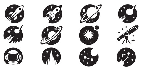 Collection of space exploration icons including rockets, planets, and telescopes  monochrome vector symbols. © OBAID