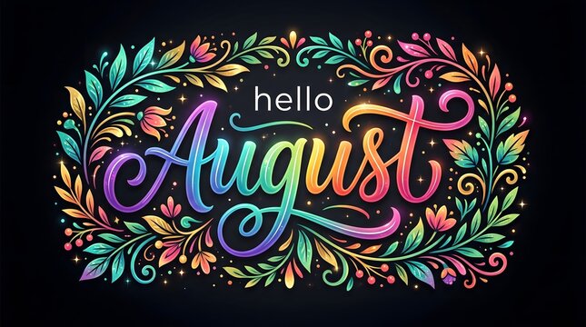 Hello August Colorful Script Typography Design with Leafy Branches and Dramatic Black Background