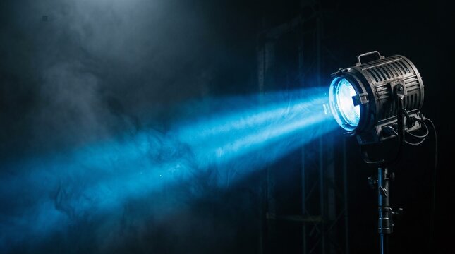 Studio lighting equipment projecting intense blue beam light through dark hazy atmosphere film production cinematic stage effect dramatic spotlighting photography backdrop visual performance.