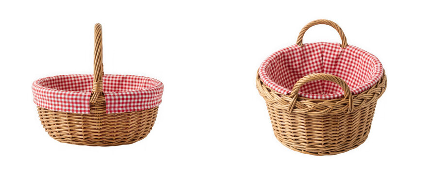 Two empty woven wicker baskets with red and white checkered fabric liners isolated on transparent background