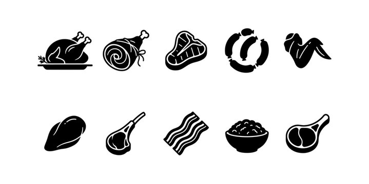 Various meat and poultry icons on white background