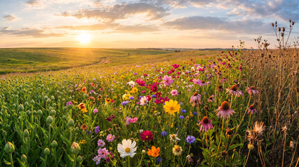 Obraz premium Wide angle flower meadow at golden hour with blooms arranged in perfect left to right progression from tight bud through full bloom to bare stem showing entire life cycle
