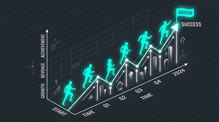 Obraz premium Isometric 3D Vector Illustration of Business Growth and Achievement with Rising Bar Chart and People Climbing Towards Success Flag