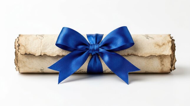 Old parchment scroll tied with a blue silk ribbon isolated on white background