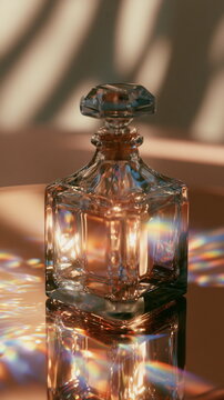 Refined crystal perfume bottle with luminous blue highlights and sparkling reflections, perfect for luxury fragrance branding, premium cosmetics, beauty advertising and elegant product campaigns.