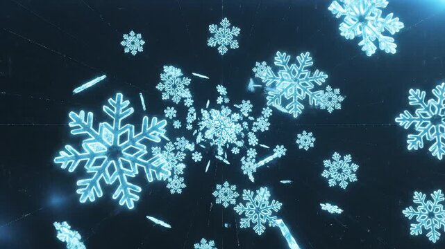 Glowing neon snowflake background blue with falling ice crystals