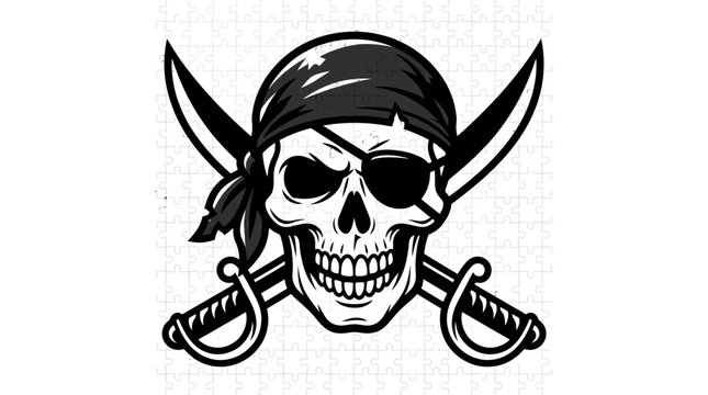 A black and white illustration of a skull wearing a bandana and eye patch
