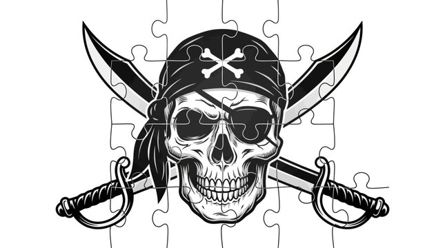 A black and white illustration of a skull with crossed swords on a jigsaw puzzle background
