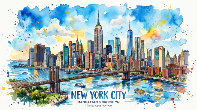 Watercolor New York City Skyline with Manhattan, Empire State Building, One World Trade Center and Brooklyn Bridge Travel Illustration