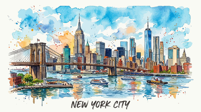 Watercolor New York City Skyline with Manhattan, Empire State Building, One World Trade Center and Brooklyn Bridge Travel Illustration