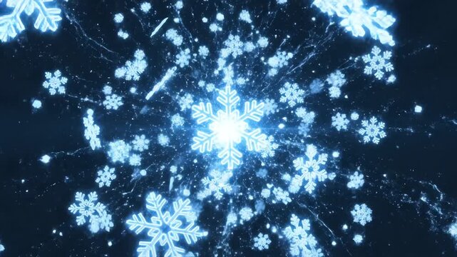 Falling glowing neon snowflake background blue motion animation