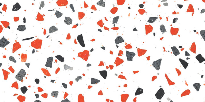 Abstract terrazzo pattern with red and dark gray stone chips scattered on a smooth bright surface design