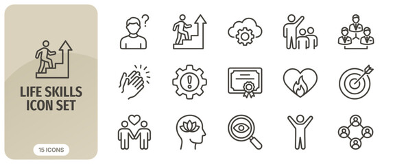 Fototapeta premium Life skills icon set, personal development, professional growth, education, and social interaction thin line icons