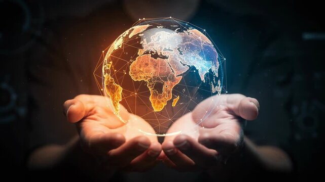 Hands gently holding a glowing digital globe with interconnected lines representing global technology and connectivity