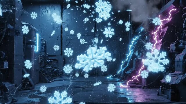 Snowflake background blue scene with glowing electricity in a lab