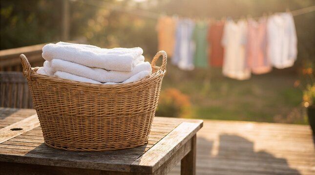 Wicker basket of clean white towels on wooden deck with laundry line laundry day clothesline housework sunlight homemaking textiles backyard domestic lifestyle