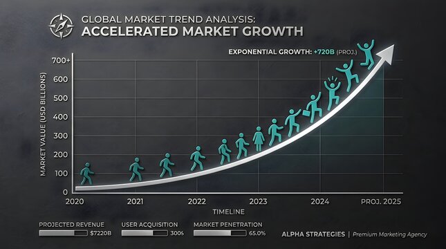 Professional presentation slide showing global market trend analysis for accelerated market growth with a curved arrow and blue figures projecting value from 2020 to 2025