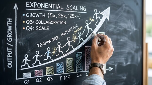 Close up of a hand drawing an exponential scaling and teamwork initiative graph on a blackboard, showing relay runners climbing a growth arrow with colorful bar charts below