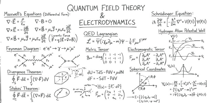 Quantum field theory and electrodynamics physics formulas and equations written on a chalkboard by a student