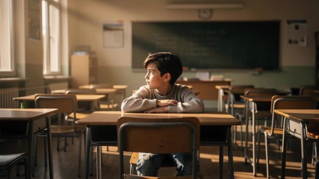Thoughtful young boy sitting alone in sunlit classroom gazing out window reflective mood