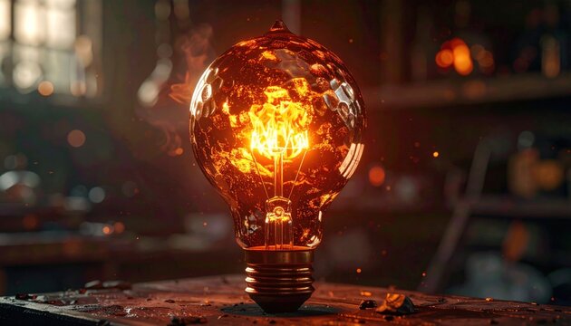 Glowing lightbulb with lava-like interior, on a rustic table in a blurred, warm-lit workshop
