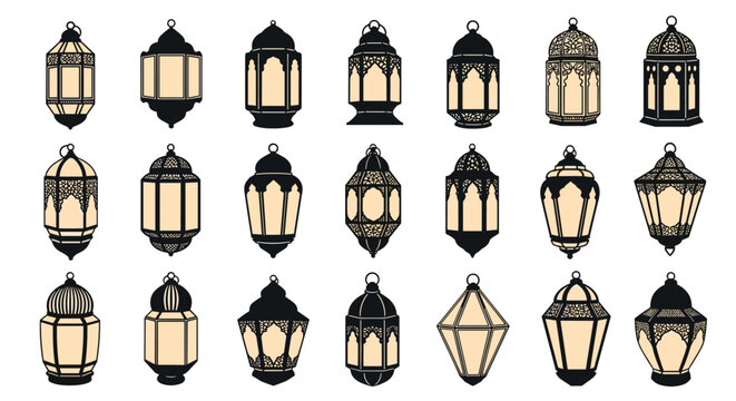 Collection of elegant traditional arabic lanterns in different shapes and ornate patterns for ramadan decoration.