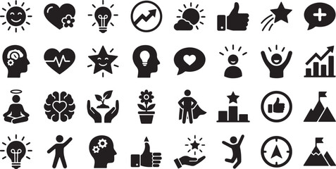 Positive psychology icons set, mental health and personal growth symbols, 32 black solid vector pictograms for self improvement and success © alone