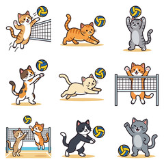 Fototapeta premium A collection of cute cartoon cats playing a game of volleyball on a white background