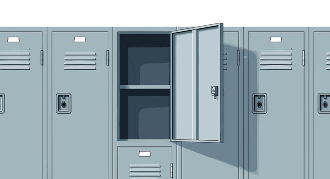 Row of gray metal school or gym lockers with one locker opened showing empty storage shelves and dramatic shadows.