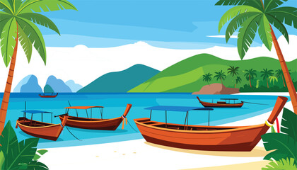 PrintExotic tropical beach bay vector background with traditional wooden longtail boats anchored on white sandy shore scenic ocean mountains and green palm trees © Moksedul